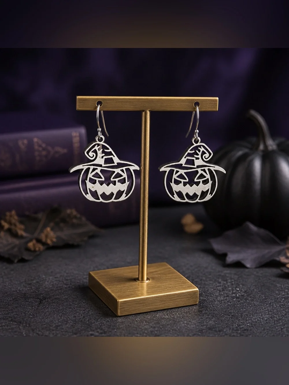 Silver Pumpkin Witch Hat Dangle Earrings -  Hypoallergenic Hooks -  Halloween